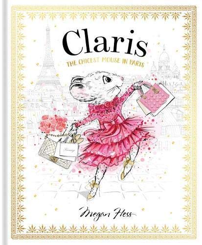 A white mouse in a pink dress carries shopping bags before a Parisian background.