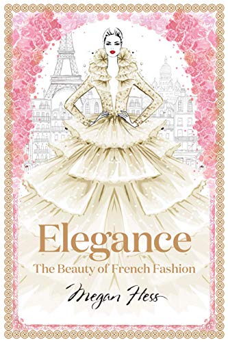 Fashion illustration of a woman in a gown with the Eiffel Tower.