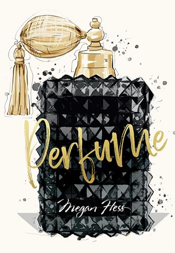 Fashion illustration of a black perfume bottle with a gold atomizer and tassel.