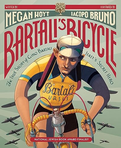 Book cover: illustrated cyclist Gino Bartali with wartime airplanes.