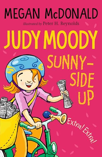 Book cover: Judy Moody on a bicycle delivering newspapers.