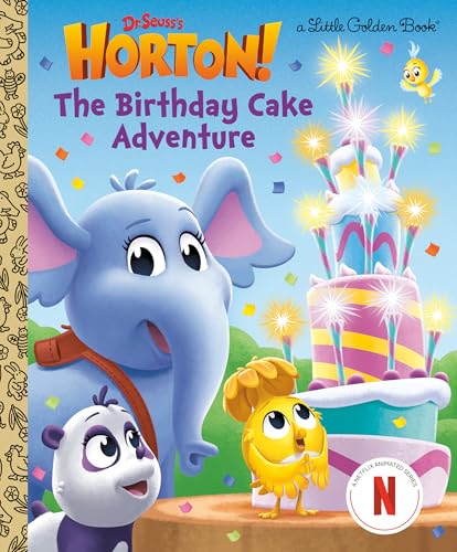 Horton the elephant, a panda, and a yellow bird stand by a birthday cake.
