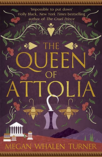 Book cover for The Queen of Attolia featuring a hook, bees, and Greek architecture.