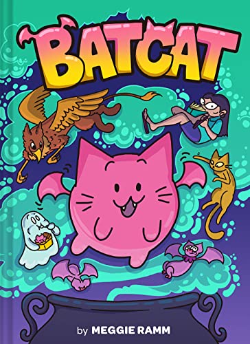 Book cover: pink bat-cat with ghost, griffin, and a girl playing flute.
