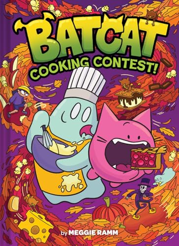 A blue ghost chef and a pink cat-like creature surrounded by autumn leaves.