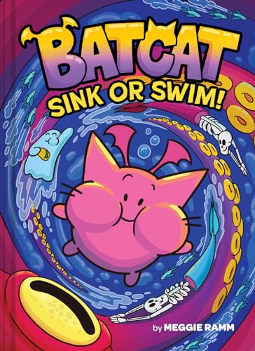 Pink Batcat character floating in a whirlpool with a ghost and skeleton mermaid.