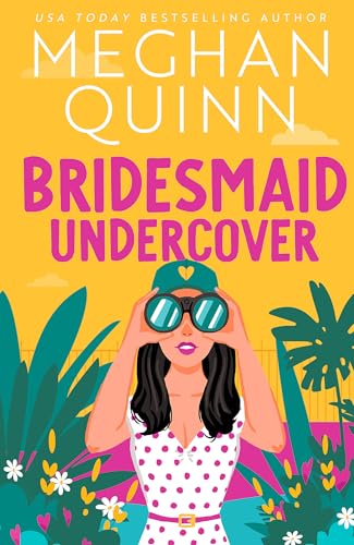 Book cover: woman with binoculars, tropical plants, pink and yellow hues.