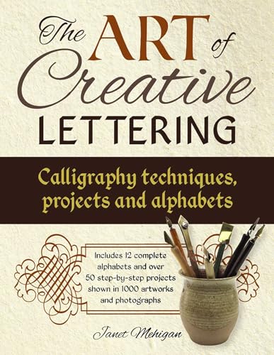 Book cover: “Art of Creative Lettering” with calligraphy tools illustration.