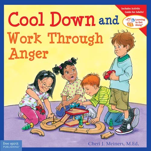 Book cover depicting four children with toys, addressing anger management.