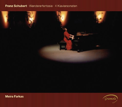 CD cover: pianist Meira Farkas in red dress at a grand piano.