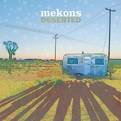 "Album cover with a caravan on a deserted road, utility poles, and a tree."