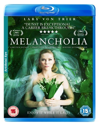 Melancholia" Blu-ray cover featuring Kirsten Dunst in a wedding dress, surrounded by greenery.
