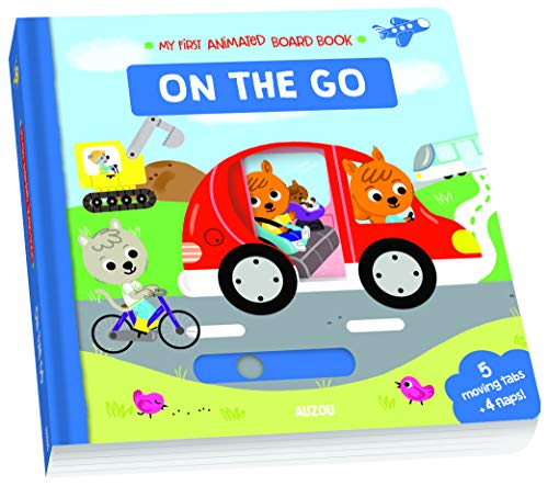 Board book cover with cartoon animals riding in a red car and bicycle.