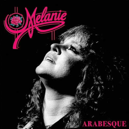 Black and white portrait of Melanie, with pink “Melanie” and “Arabesque” text.
