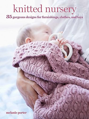Book cover with baby wrapped in knitted blanket and wooden toy.