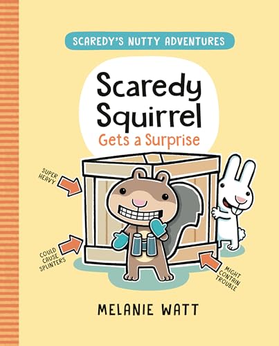 Book cover featuring a worried squirrel inside a wooden crate with a rabbit.