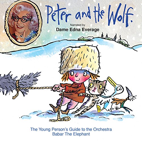 CD cover: "Peter and the Wolf" narrated by Dame Edna Everage, illustrated scene.