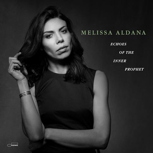 Black and white portrait of Melissa Aldana, album cover for "Echoes Of The Inner Prophet".
