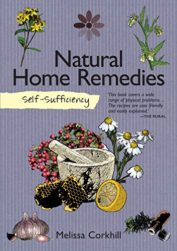 Book cover featuring herbs, a mortar and pestle, and the title “Natural Home Remedies.”