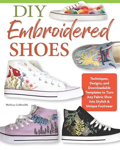 Book cover titled DIY Embroidered Shoes featuring various fabric sneakers decorated with colorful embroidery designs.