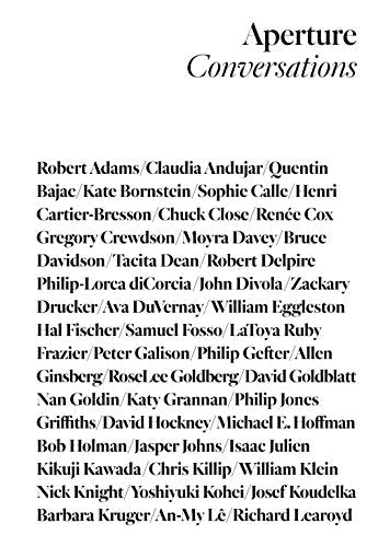 Book cover listing photographers featured in "Aperture Conversations: 1985 to the Present.