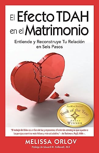 Book cover with broken red heart, title in Spanish about ADHD and marriage.