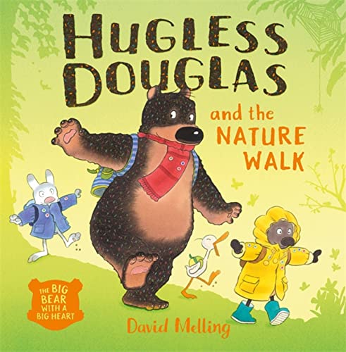 Brown bear Douglas with rabbit, duckling, and child on a nature walk.