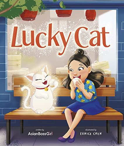 Book cover: girl with white cat, red collar, and large text "Lucky Cat".