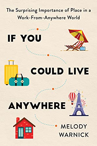 Book cover with travel icons, text reading "If You Could Live Anywhere.