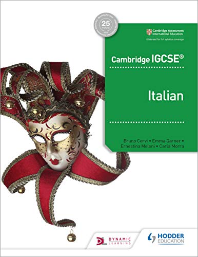 Green textbook cover with a Venetian mask and "Cambridge IGCSE Italian" title.