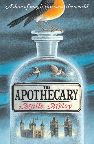 Book cover: a bottle shaped like London with birds and robin.