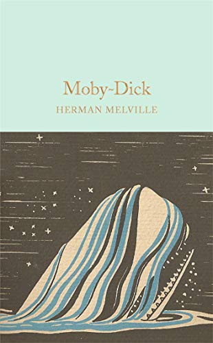 Book cover: “Moby-Dick” with a whale illustration and dark blue waves.