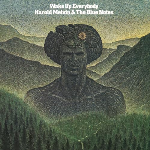 Album cover: a textured portrait of a man with an afro and flower.
