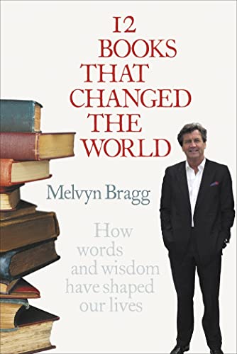 Book cover with stacked books, author portrait, and red title text.