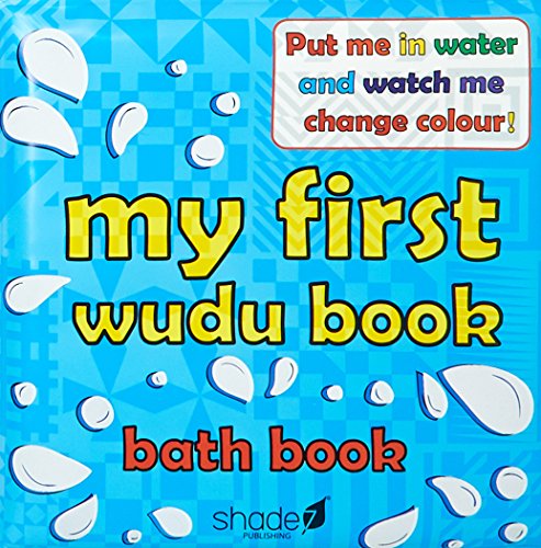 Colorful baby bath book titled “My First Wudu Book” with water droplets.