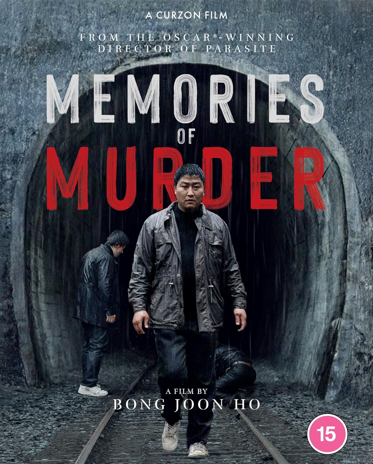 “Memories of Murder” Blu-ray cover featuring detectives in a dark tunnel.