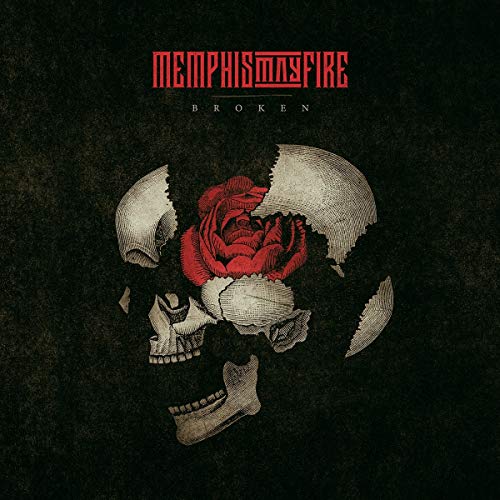 "Album cover with a skull and red rose on a black background."