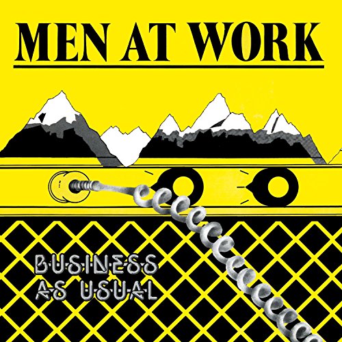 Album cover for Men At Work Business As Usual featuring mountains and a coiled cord.