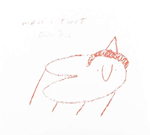 Red crayon drawing of a creature wearing a hat on a white background.