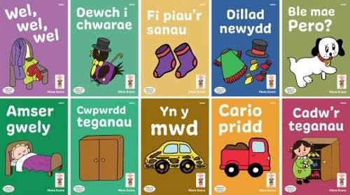 Colorful book covers with illustrated objects and Welsh text for young readers.