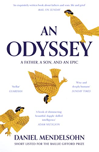 Book cover: "An Odyssey" with golden bird illustrations and dark text.