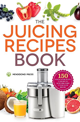 Juicing recipes book cover with juicer, fruits, and vegetables pictured.