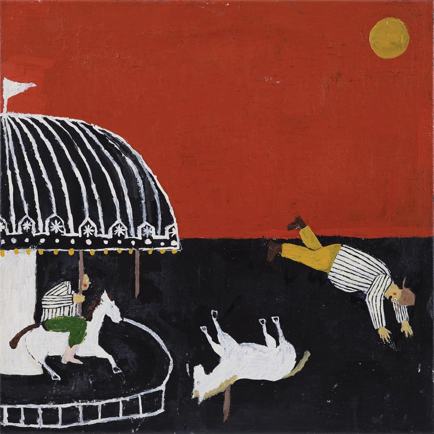 Painting of a carousel, falling figure, and rearing horse against a red sky.