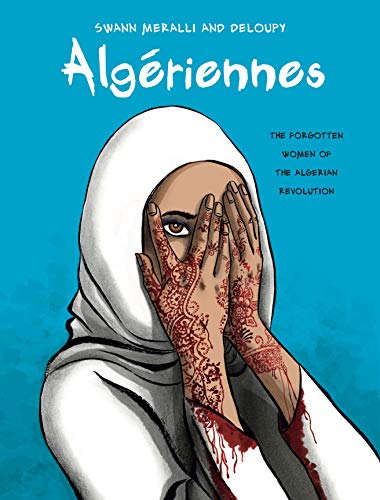 Book cover: Algerian woman in hijab, hands covering face, henna patterns.