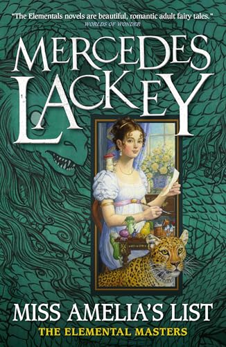 Book cover: woman with leopard, ornate frame, green dragon background.
