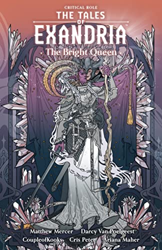 The Bright Queen and a dark-armored figure embrace before a backdrop of jagged crystals.