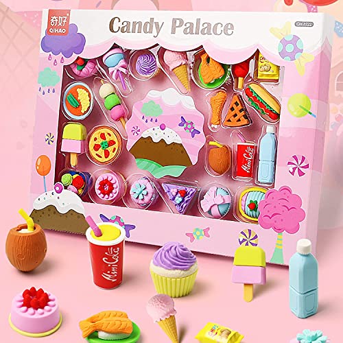 Toy food set in pink box, including ice cream, cake, and drinks.
