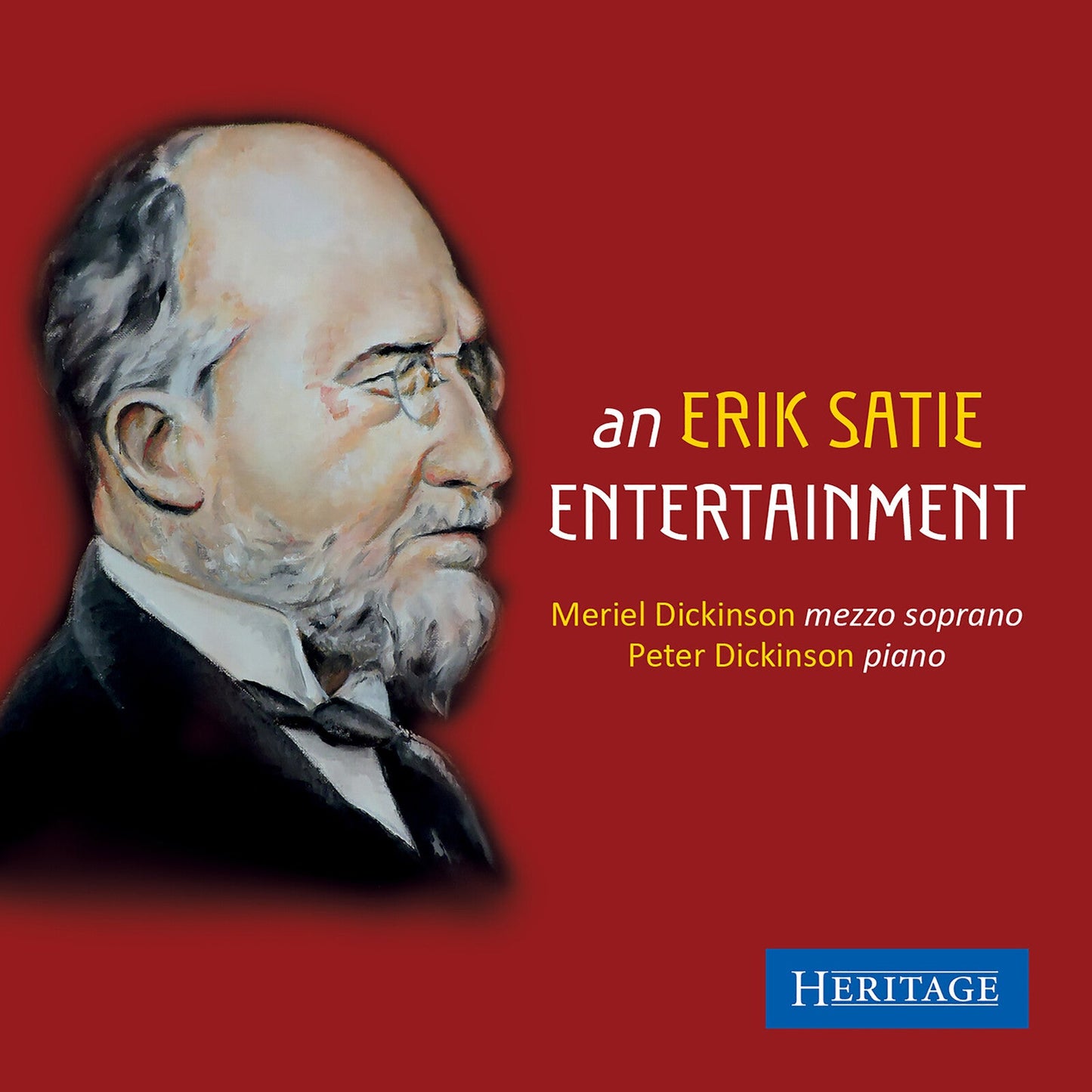 CD cover: portrait of Erik Satie with text and Heritage label.