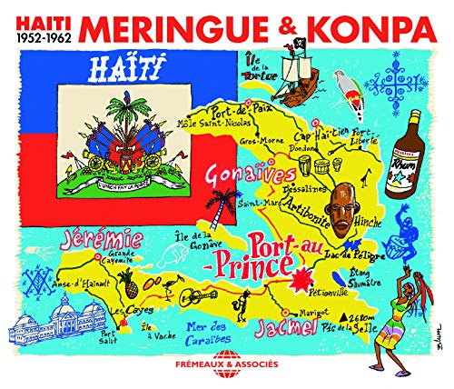Colorful illustrated map of Haiti with musical instruments and city names.