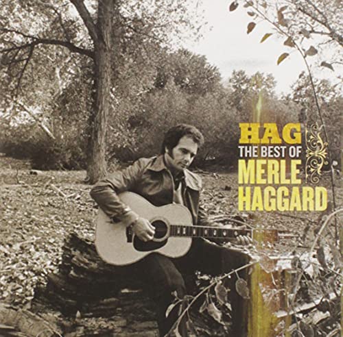 Merle Haggard with guitar, sepia-toned album cover with tree background.